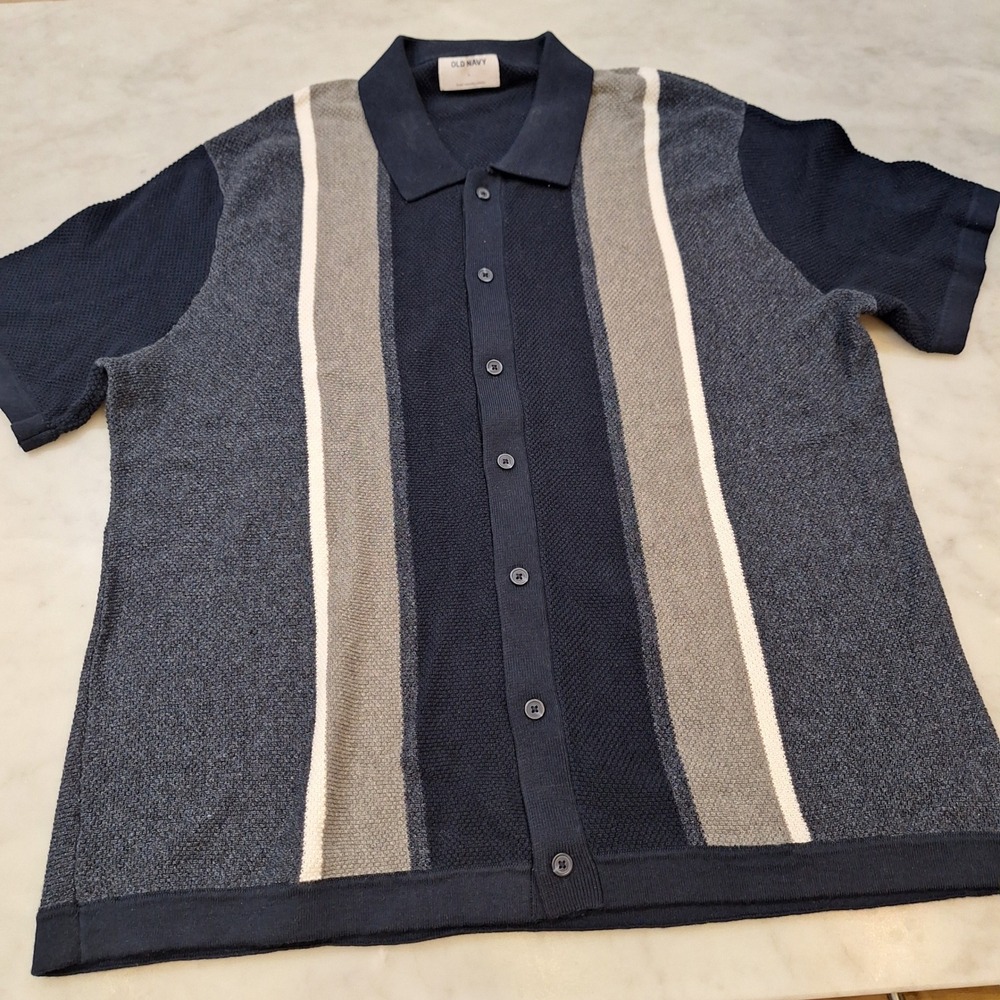 Old Navy Knit Buttondown Mens Lg Navy Blue Grey Striped SS Retro Vibe Polo Shirt